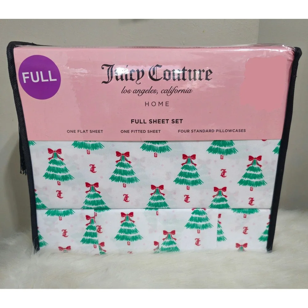 Juicy Couture Full Sheet Set Christmas Tree Monogram White Green Red 6 Piece NEW
